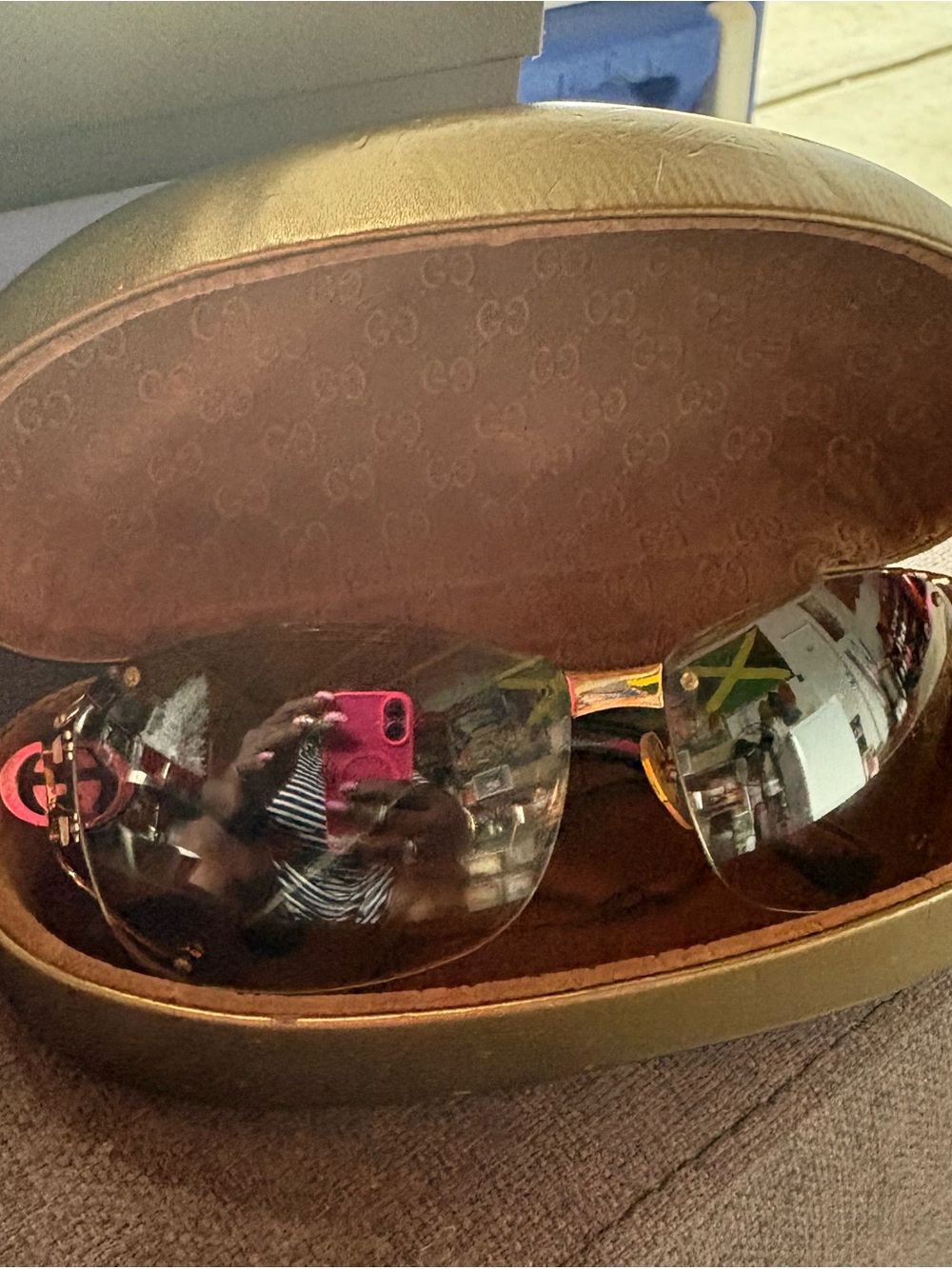 Gucci Gold Logo Sunglasses Case with Brown and Red Tones
